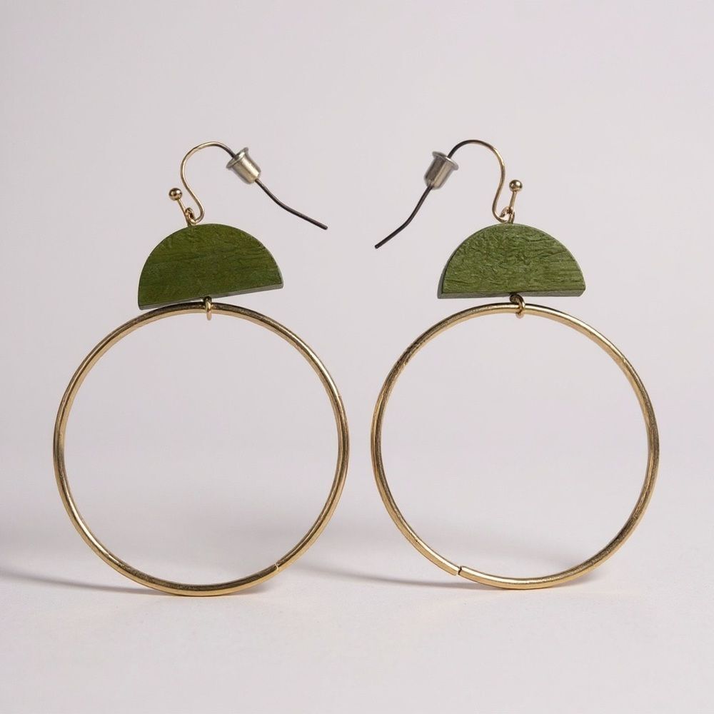 Gold Hoop Earrings with Green Wood Accent Modern Minimalist Statement Jewelry